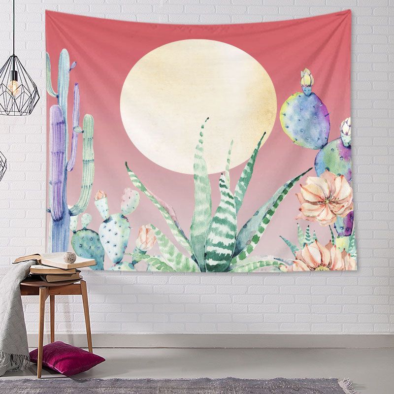 Pink Cactus Moon Watercolor Wall Tapestry Succulent Aloe Flower Desert Plant Botanical Bohemian Pastel Aesthetic Decor