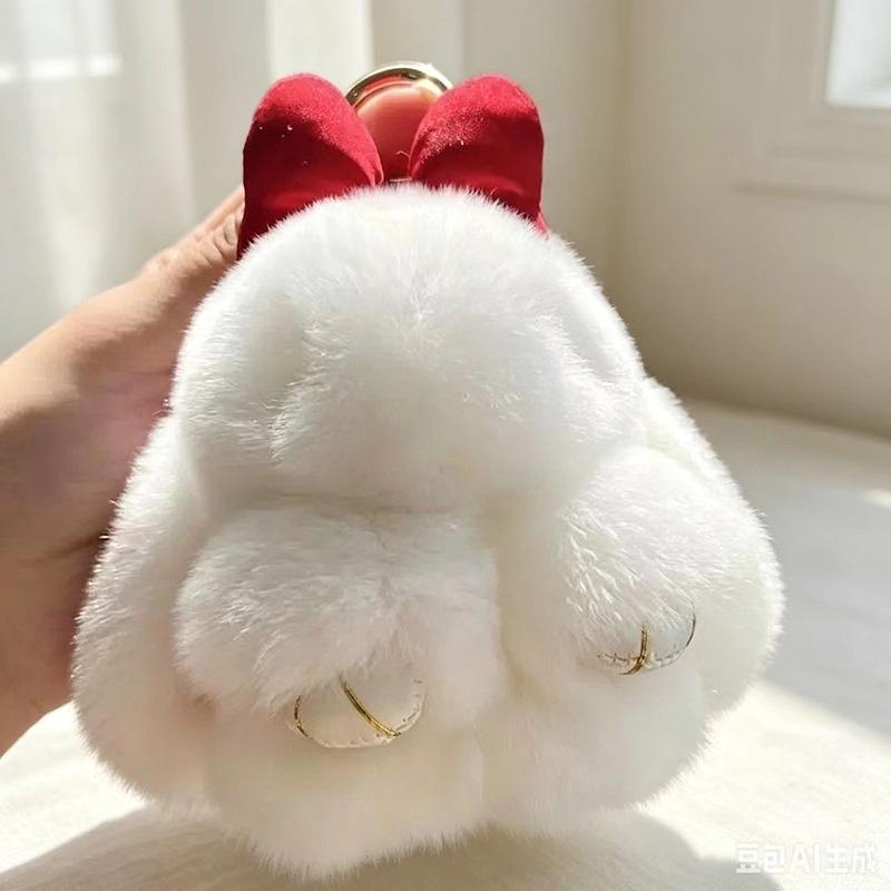 Bowknot Playing Dead Rabbit Keychain: Cute Plush Mini Bunny Bag Charm