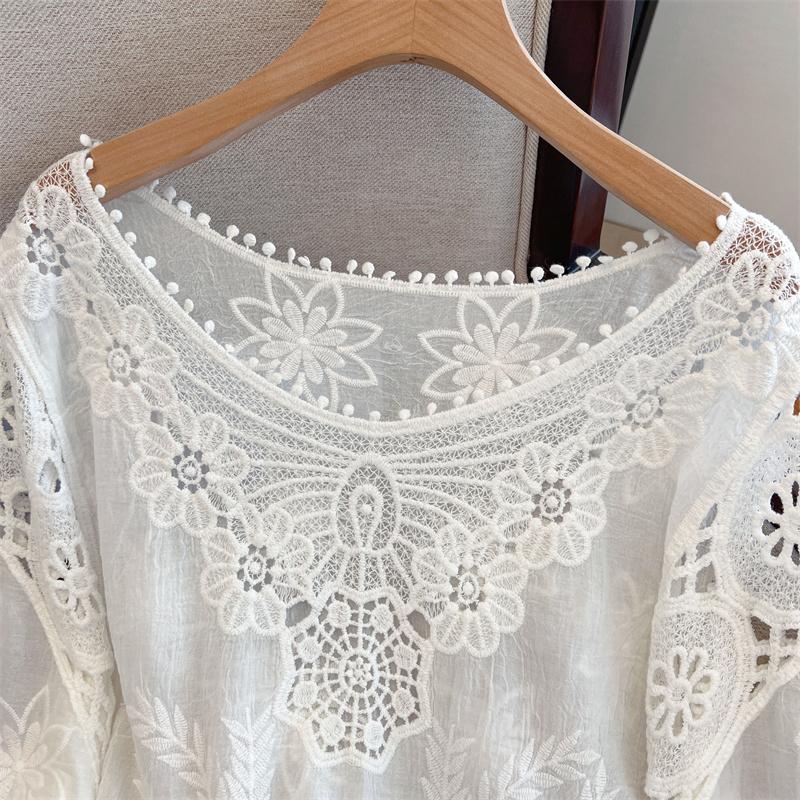 Dimanaf 2025 Nové Letní Základní Tričko Dámské Krajkové O-výstřih Halenka Topy Trička Ležérní Volné Bílé Krátké Trička