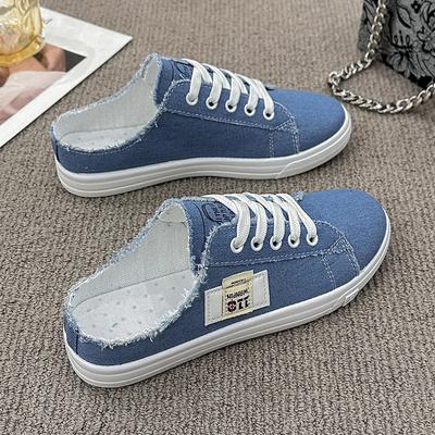Moda Azul Denim Chinelos Femininos 2024 Verão Novos Sapatos de Lona Moda Baixo Cano Lace Up Tênis Casuais Femininos Zapatos De Mujer