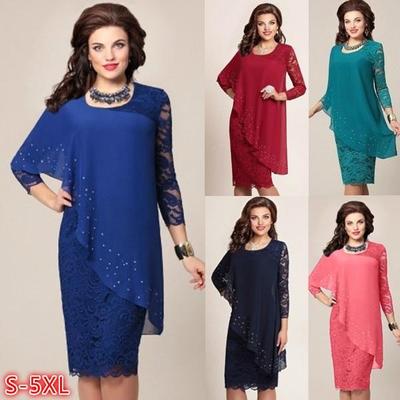 2024 Women Elegant Long Sleeve Lace Dress Fashion Spring Autumn Knee Length Formal Dress Mother of Bride Dress Evening Dress Plus Size