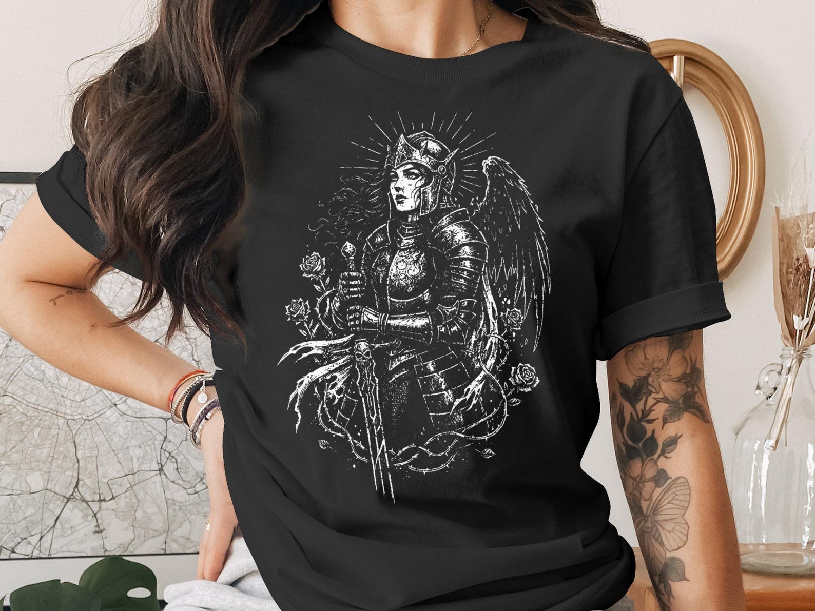 Dark Fantasy Warrior T-Shirt, Gothic Angel Knight Shirt, Medieval Armor Tee, Empowered Woman Graphic, RPG Lover Gift, Witchy Aesthetic 4XL