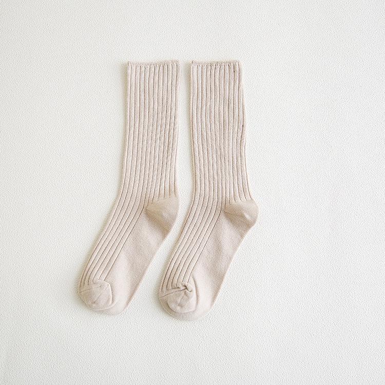 Women's Striped Double Needle Pile Socks: Pure Color, Long Cotton for Autumn/Winter, Trendy & Stylish.