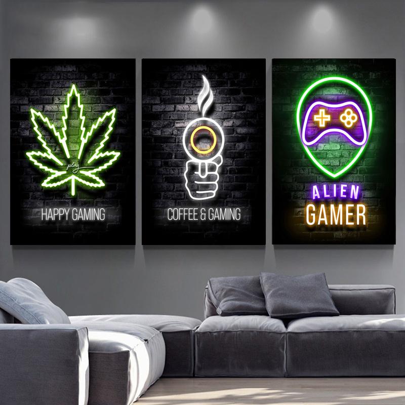 Mode Retro Spielzimmer Neon Poster und Drucke Moderne Leinwand Malerei Wand Kunst Bild für Gamer Junge Schlafzimmer Dekoration