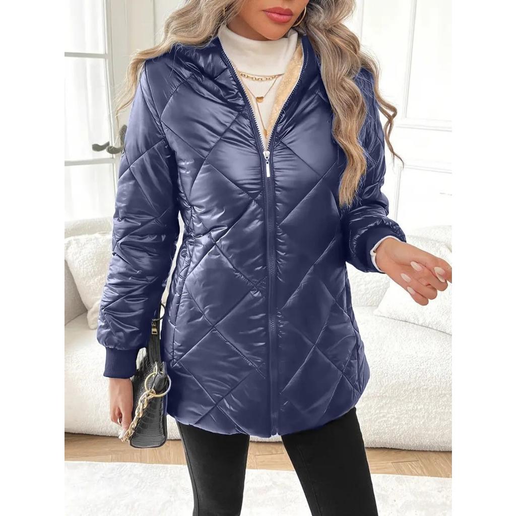 Women's Diamond Quilted Hooded Puffer Jacket Long Sleeve Winter Warm Coat