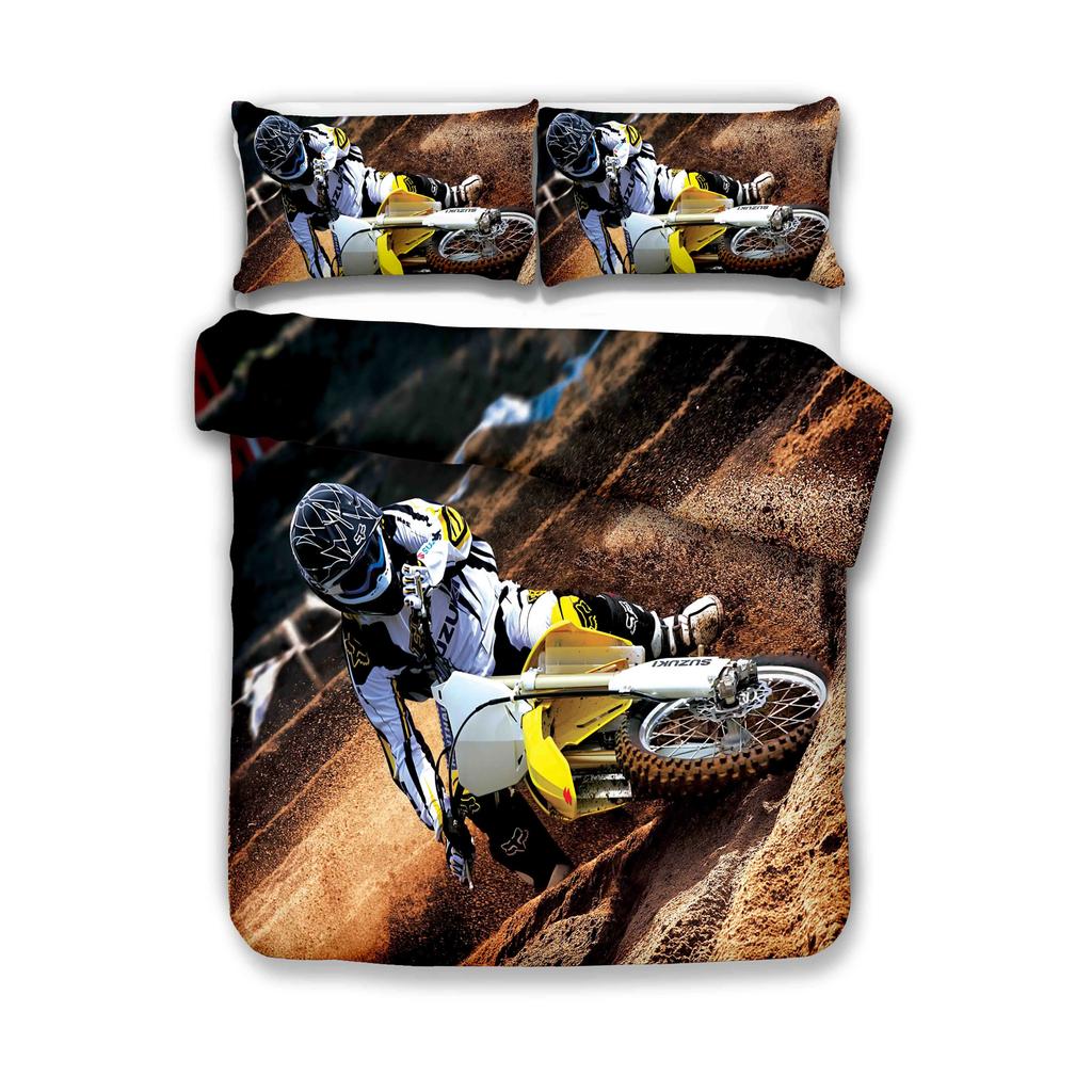 Luxury Bedding Set Motorcycle Print Queen Size Duvet Cover Set with Pillowcase Motocross Bedspread Boy's Bed Set for Home Decor