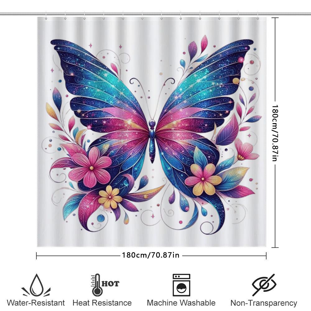 Colorful Butterfly Shower Curtain Decorative Bath Linen With 3D Flowers Waterproof Fabric For Bathroom Available In Custom Sizes