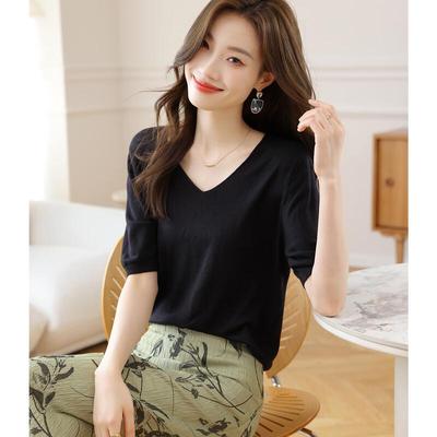 Srcr Women's Thin V-Neck Short-Sleeve Wool Blend Knit Top