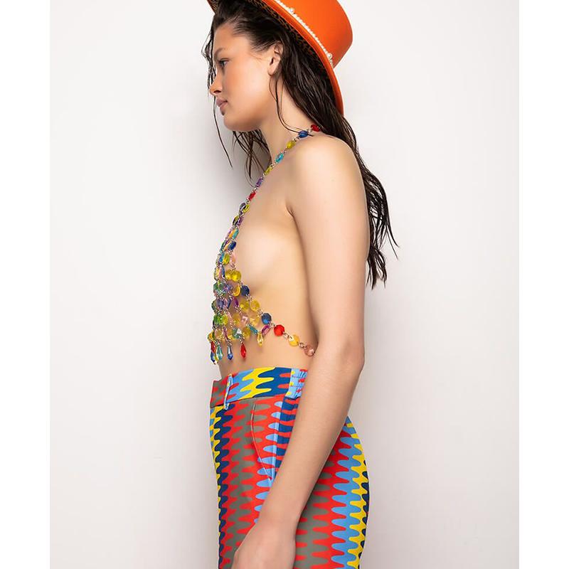 Women Handmade Sexy Tassel Gem Crop Top Rainbow Bright Crystal Fantasy Body Chain Harness Halter Top