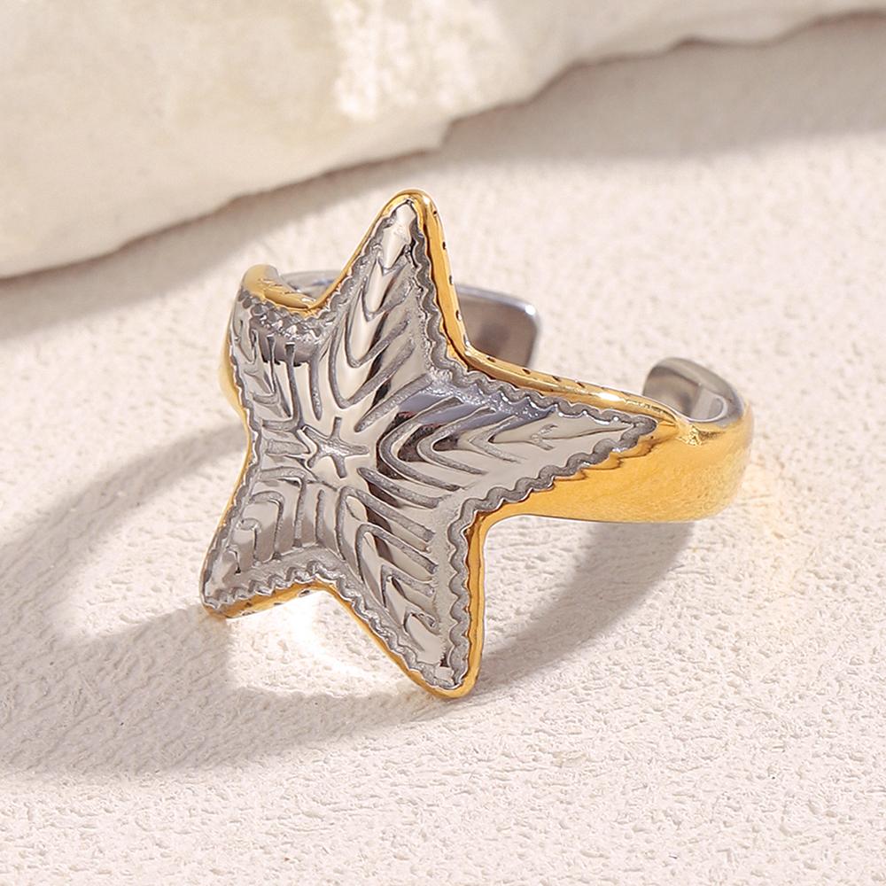 MamacitaSlay 316L Stainless Steel Two Color Starfish Open Ring Waterproof 18K Gold Plated Jewelry Women's Charm Ring Ornament