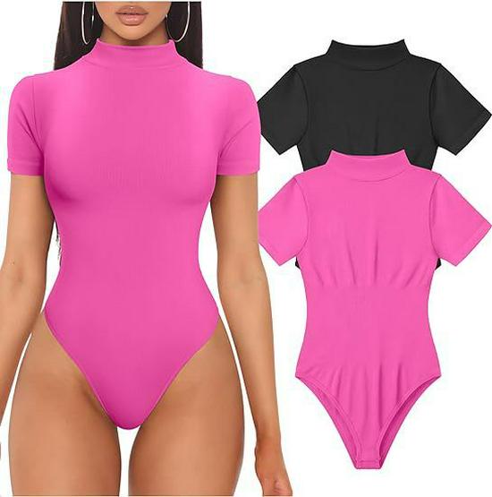 2024 Hot Seller Women's Ribbed High Neck Short Sleeve Yoga Bodysuit