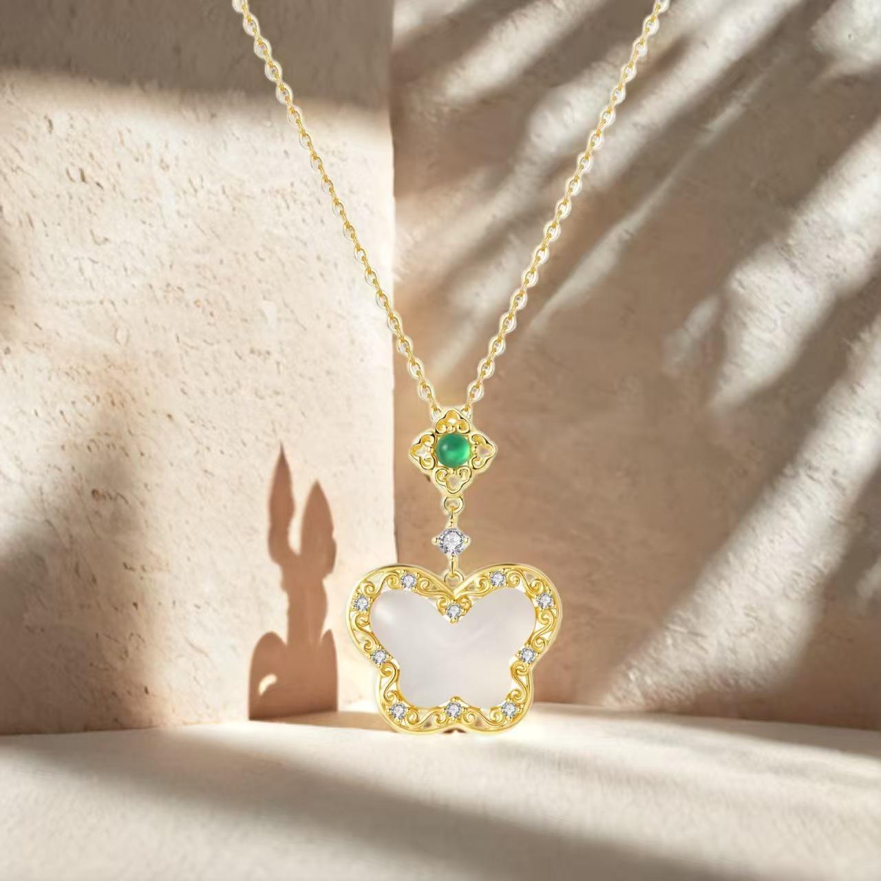 Elegant Women s S925 Sterling Silver Butterfly Pendant Necklace with Hetian Jade