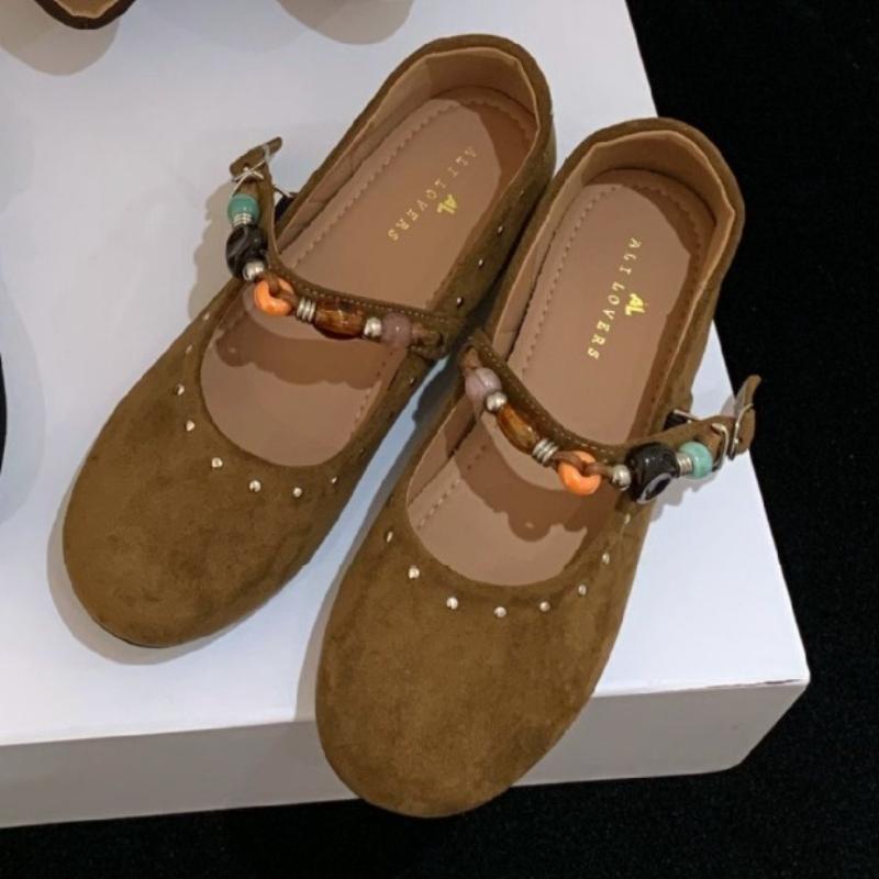 

Модные ретро балетки из искусственной замши женские роскошные туфли дизайнера с украшением из драгоценных камней и металлических заклепок, удобные туфли Мэри Джейн с мелким вырезом и круглым носком 35 шоколадный