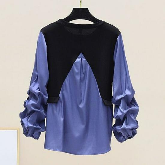 2024 Spring/Autumn Korean Style Patchwork Contrast Slim Long Sleeve Round Neck Two-Piece Shirt