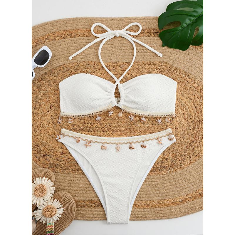 

Сексуальное бикини с подвеской в виде ракушки, шейный ремешок, однотонный купальник, женское бикини, новый стиль, женский купальник M белый