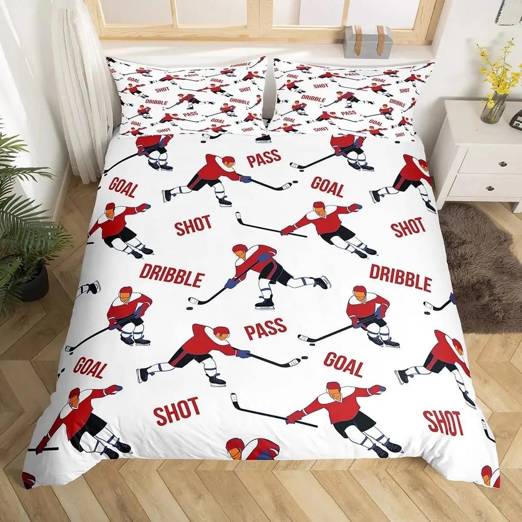 Eishockey Bettbezug-Set Full Queen Größe, Geometrisches Karo Patchwork Stilvolles Bettwäsche-Set, Athlet Wintersport Bettdeckenbezug