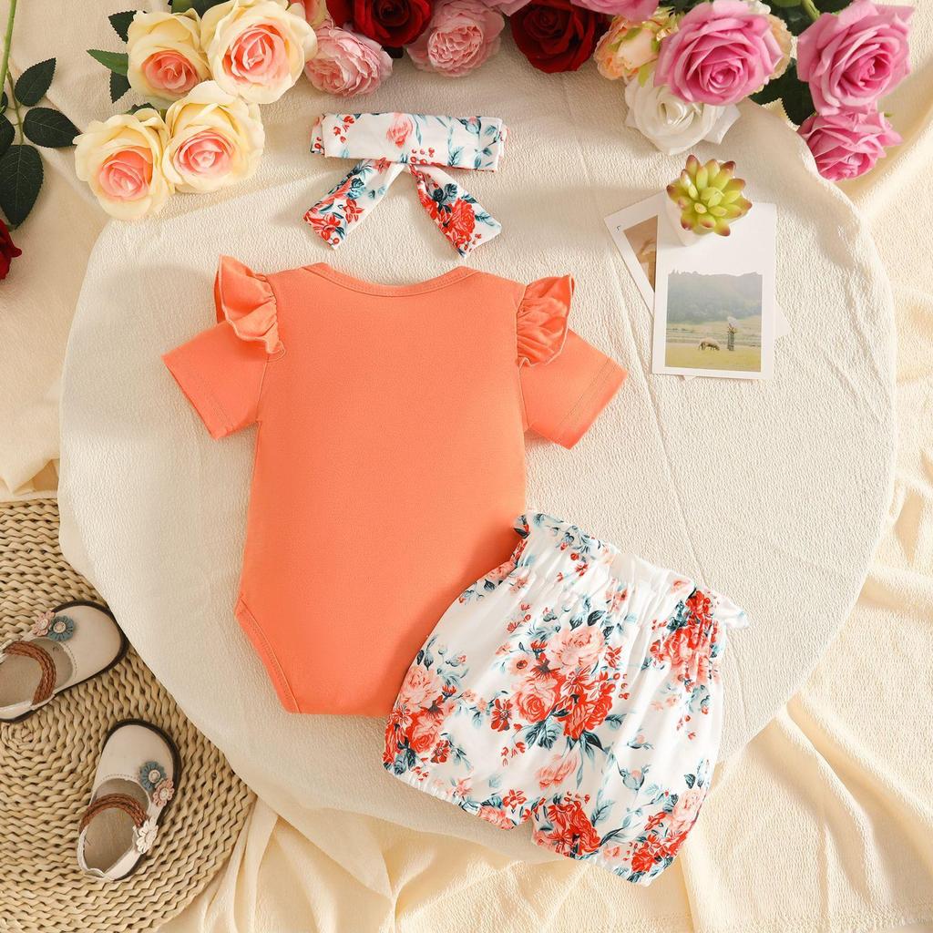 2026 Summer Baby Girl Letter Print Bodysuit, Bow Shorts & Headband Set