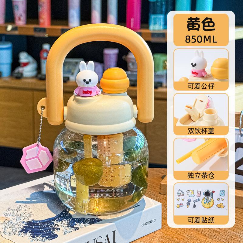 Children's cartoon double drink straw cup summer large capacity portable plastic water cup