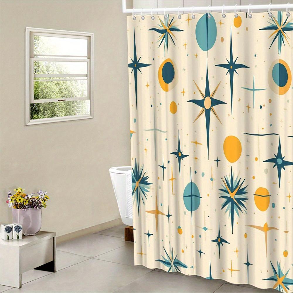 

Mid Century Modern Shower Curtain - Teal, Mustard Yellow Geometric Shapes, Cosmic Retro Design, Polyester,Retro Bath Decor W60H190(CM)-1 Pcs