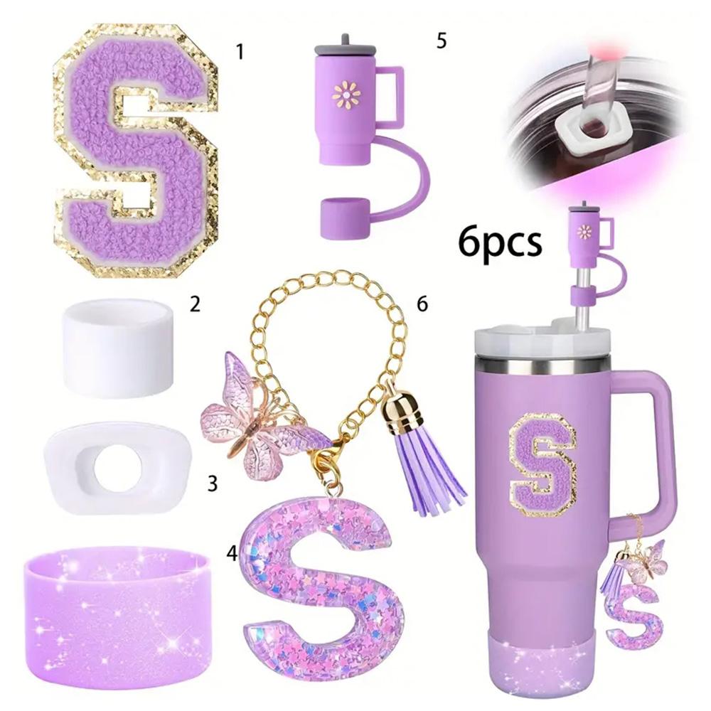 Set de 6 accesorii pentru pahar Stanley Cup de 40 oz cu mâner, inclusiv capac și capac cu pai din silicon, dop anti-scurgere