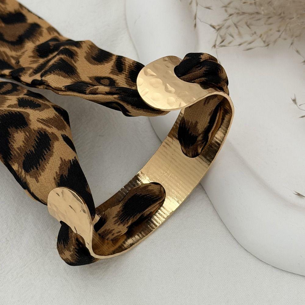 Leopard Print Silk Scarf Cuff Bangles Ribbon-Wrapped Hollow Flower Metal Wide Bracelet Vintage Adjustable Ethnic Style Wristband