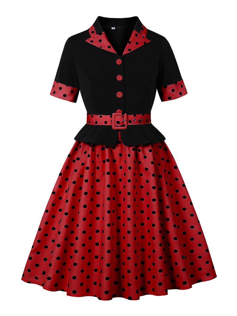 Retro Colorblock Polka Dot Short Sleeve Dress with Turn-Down Collar - Elegant Spring/Summer Style