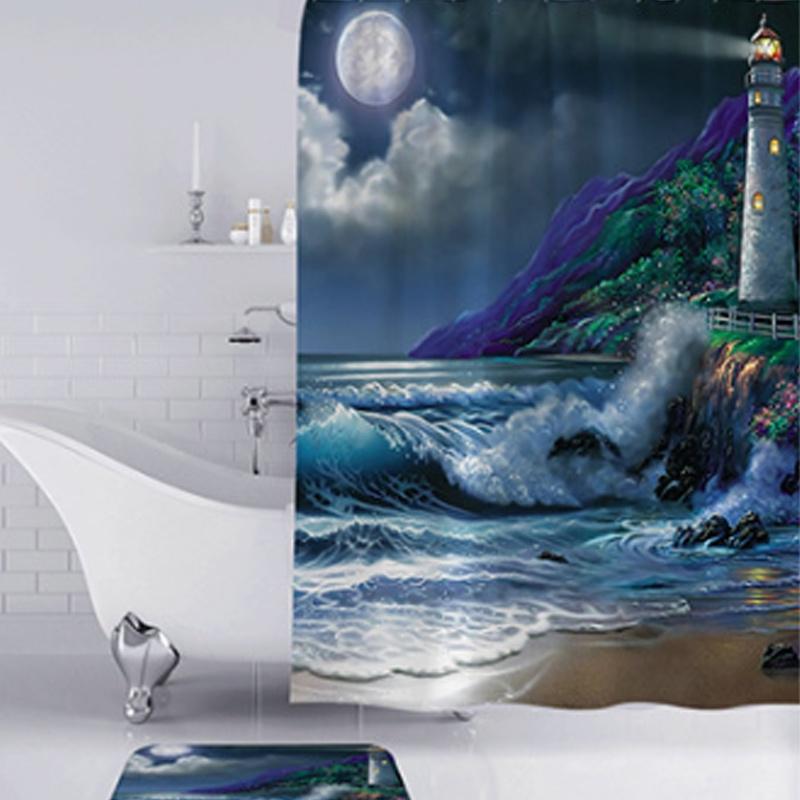 Wasserdichtes Seeufer Kai Seebrücke Blaue Muschel Seestern 3D-Druck Duschvorhang