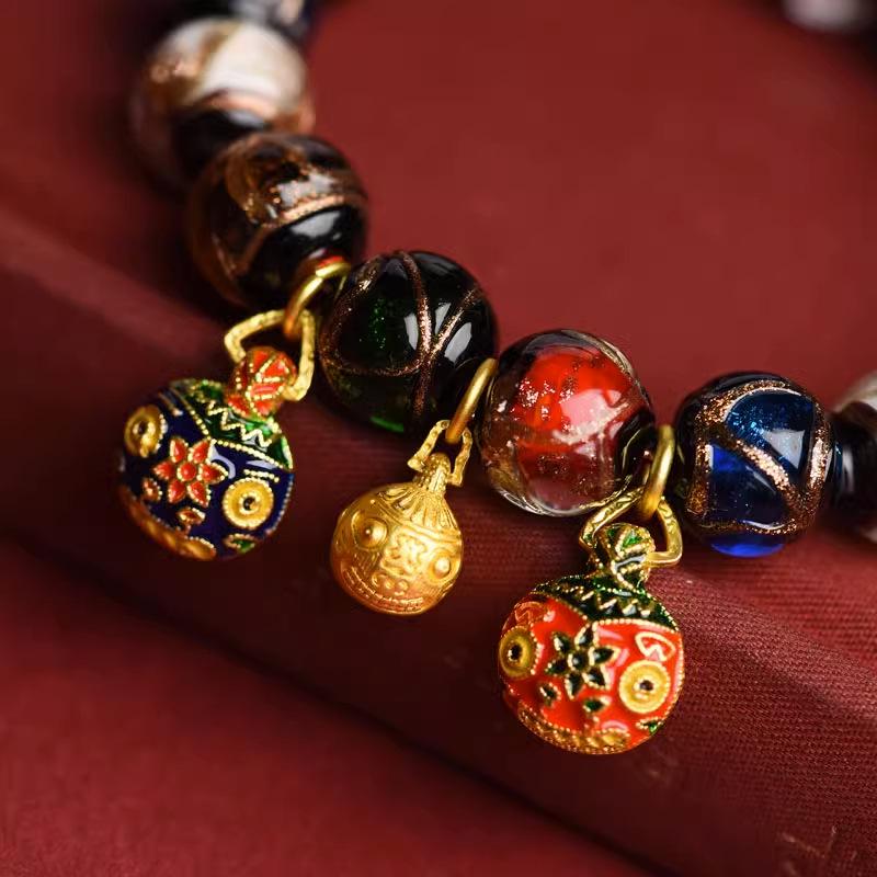 Multicolored Incense Ash Glazed Handcrafted Beaded Bracelet with Swallowing Gold Beast Design for Five-Color Benming Year