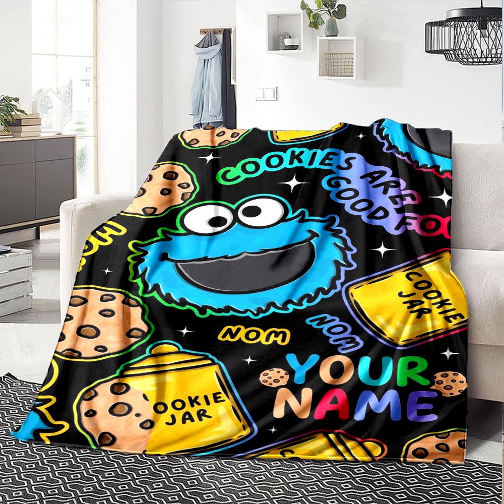Name Custom Cookie Monster Cartoon Print Flannel Blanket High Quality Warm Comfortable Cover for All Seasons Perfect for Gifts Home Decor