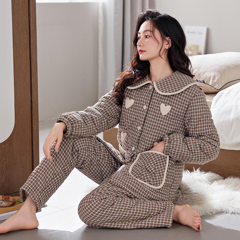 Pajamas Women'S Winter 2024 Three-Layer Thickened Velvet Woven Cotton Jacket Autumn And Winter Warm Loungewear