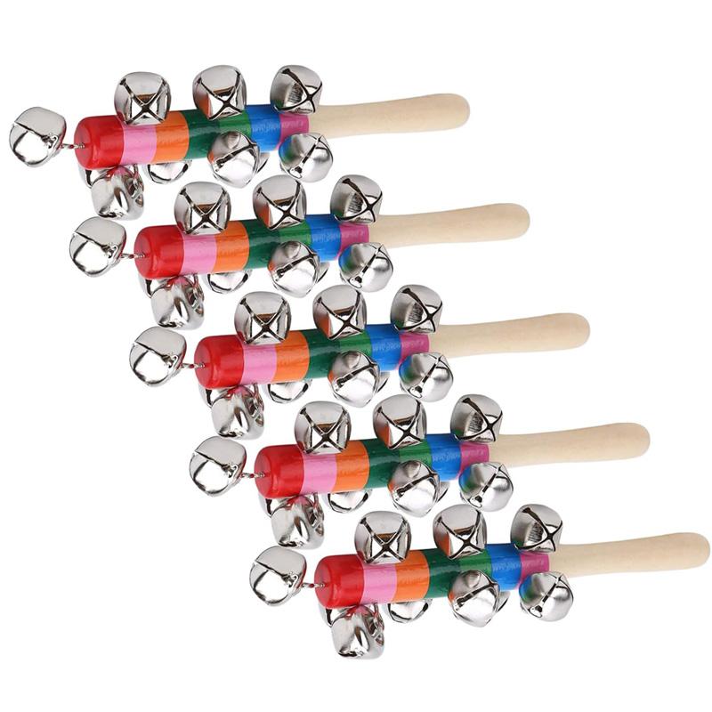 5Pcs Wooden Jingle Hand Bells Rainbow Stick Shaker Rattle Party Favors Percussion Instruments For Kids Baby Musical Toys