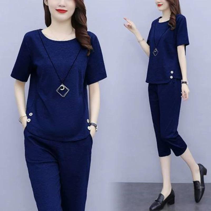 Women's Summer Big Size Leisure Suit Comfortable Thin Short-sleeved Top + Seven Trousers Solid Colour Simple Two-piece
