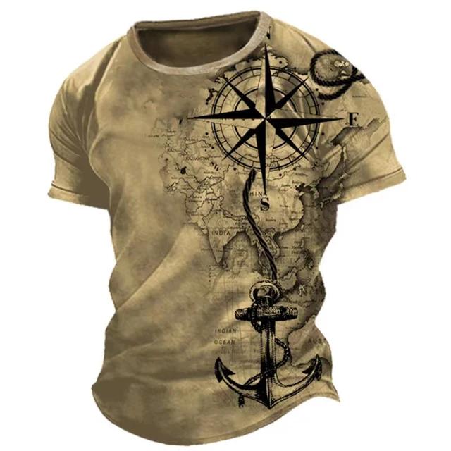 Summer Round Neck 3D Print Vintage Compass Pattern Top Fashionable Casual Short Sleeved Men's T-shirts