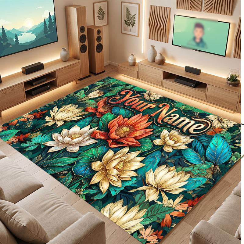Floral Garden Theme Crystal Velvet Floor Rug Personalized Custom Name Text Warm Carpet Home Decoration
