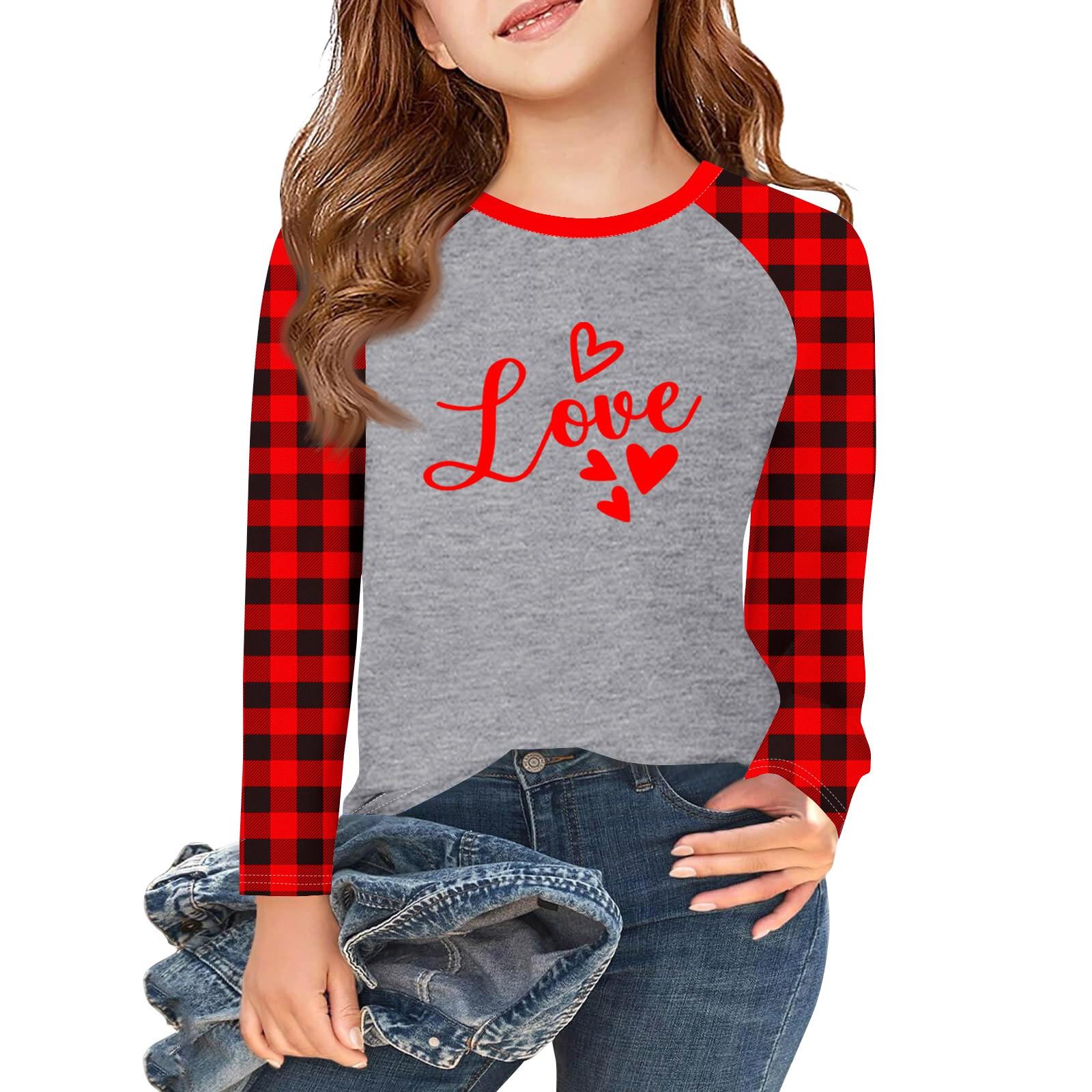 

Футболки с длинным рукавом для девочек Love ко Дню святого Валентина, детские осенние топы с круглым вырезом, базовые футболки для детей 5-14 лет 2 винный