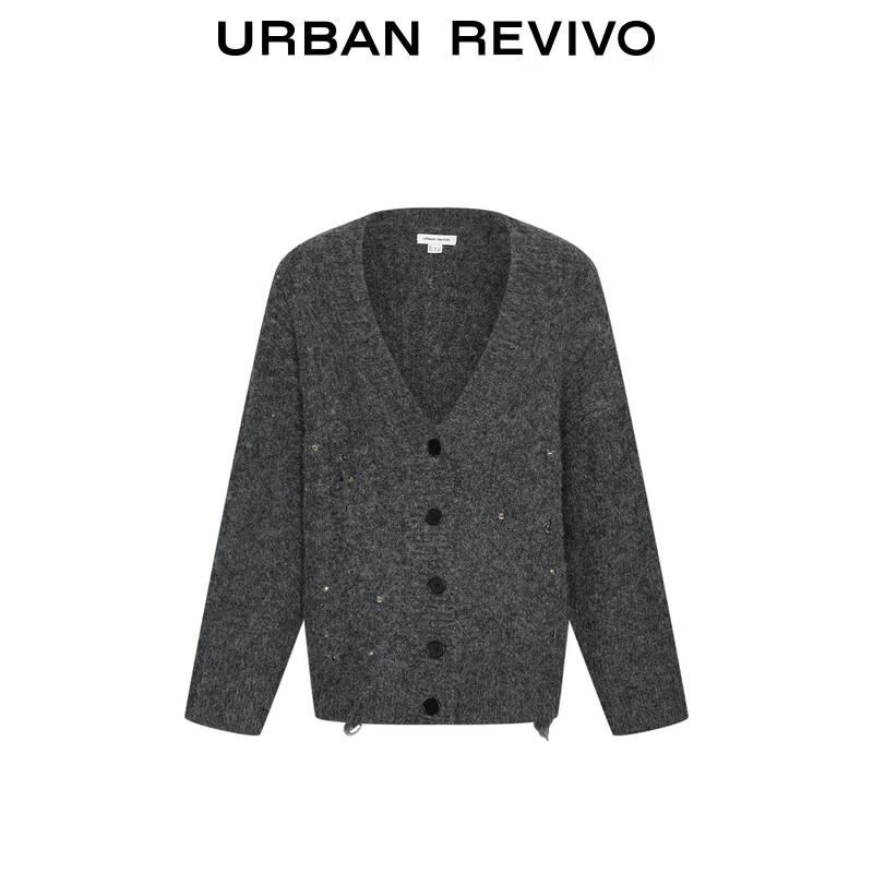 UR Women's Winter 2025 Plush Rhinestone V-Neck Knit Cardigan