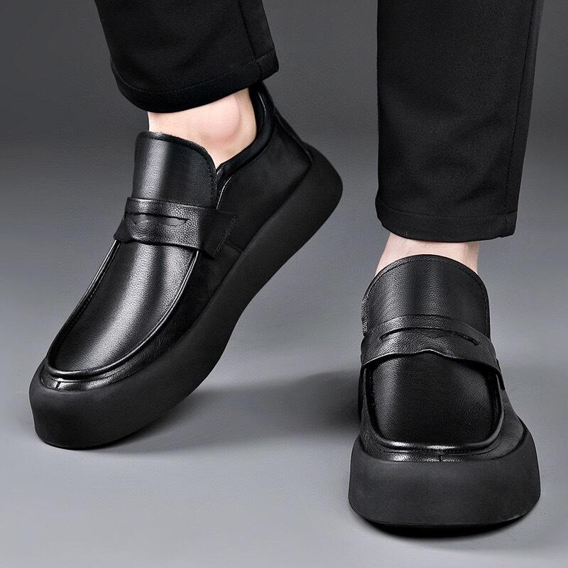 Korean Style Natural Leather Shoes for Men Fashion Business Wedding Slip-on Flats Platform Shoe Black White Loafers Man Footwear