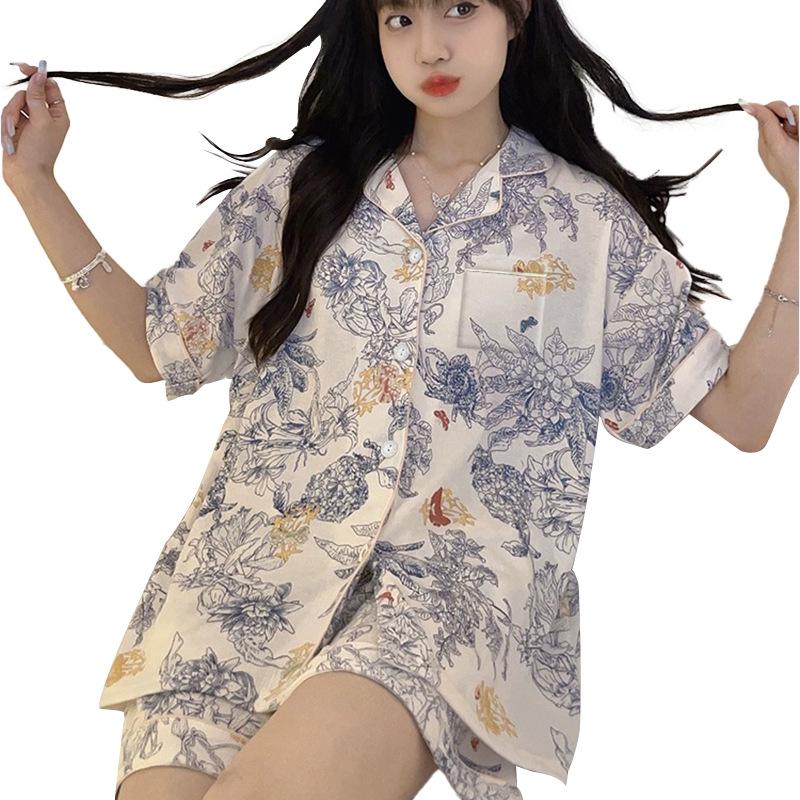 Niche Design Sense Of Simplicity And High-End Sense Monet Flower Summer Short-Sleeved Ice Silk Set Loungewear Set