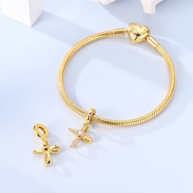 Copper Golden Cross Pink Zirconium Pendant Designed Original Beads For Jewelry Making Charms Bracelet Necklace Women Gift