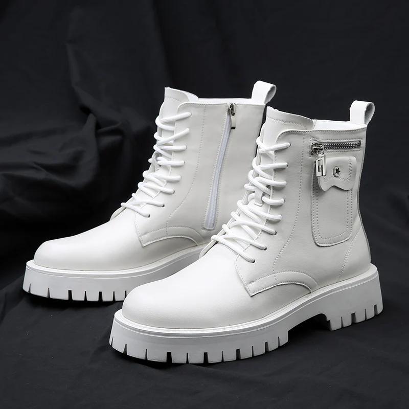 High Quality Men Autumn Winter Short Boots 2025 New Fashion Zip Side Pocket Design Leather Anti-slip Lace-up Man Platform Shoes