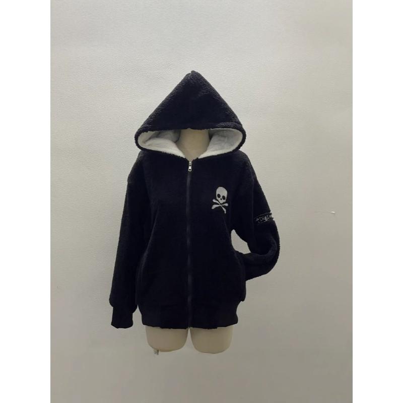 Jaquetas de Lã de Cordeiro Y2k Moletoms Góticos Femininos Caveira Grunge Zíper Streetwear Harajuku Feminino Vintage Casaco Casual