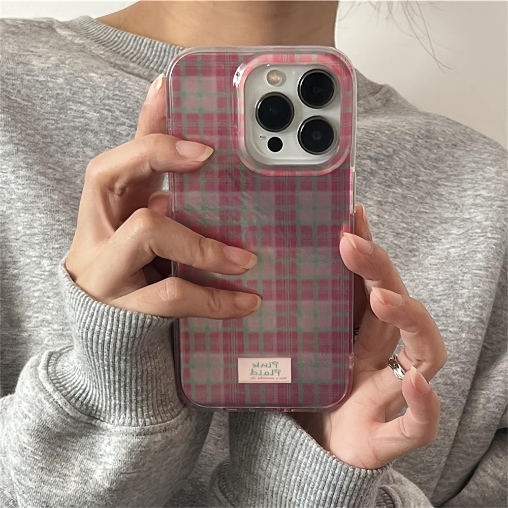 Cute Dopamine Color Block Match Plaid Clear Phone Case for 17 16 15 14 13 12 11 Pro Max 7 8 Plus X Pink Tartan Soft Cover