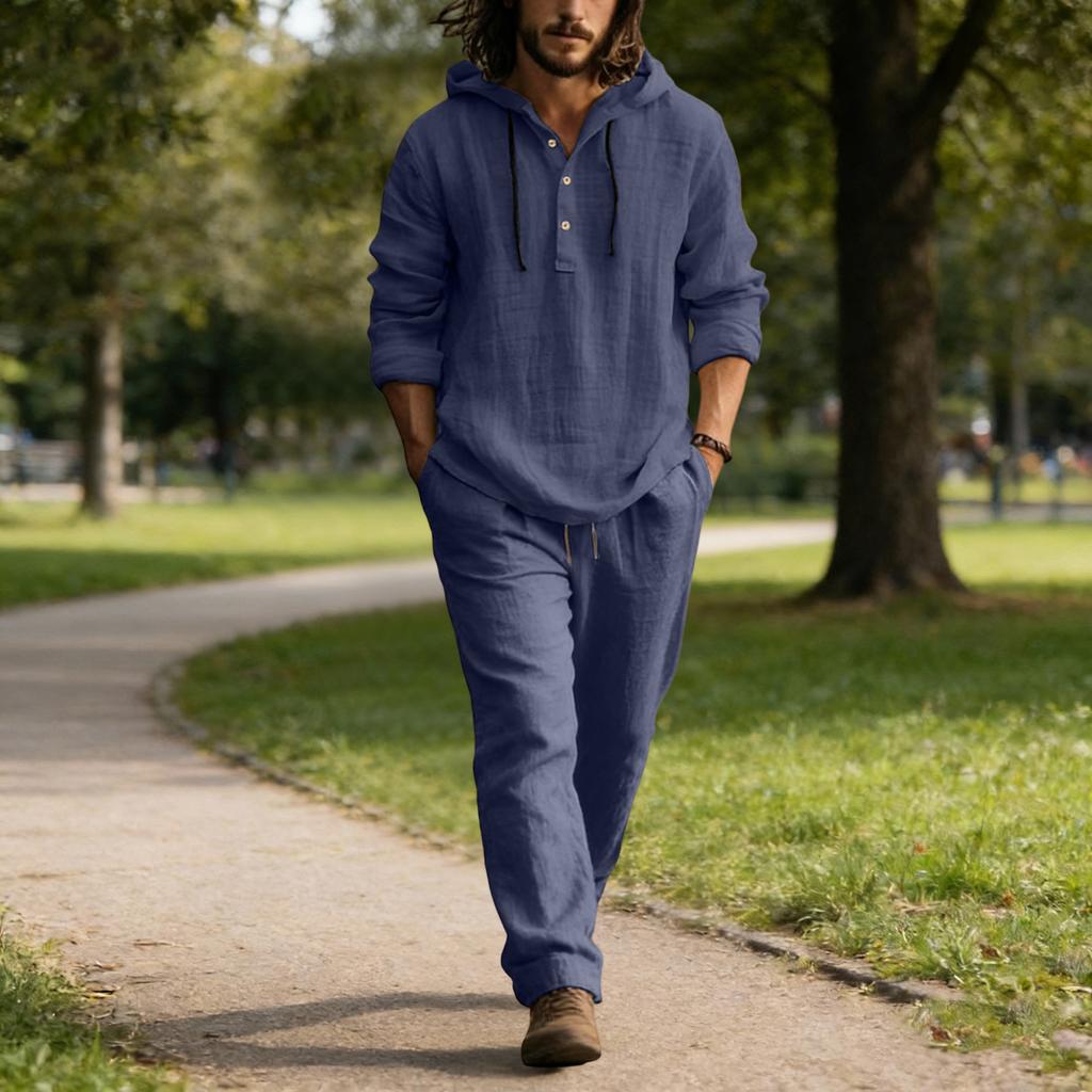 Herren Leinen Freizeit Set, Knopfhemd Elastische Taille Kordelzug Locker, Passende Hose Bequem Zwei-Teile-Set