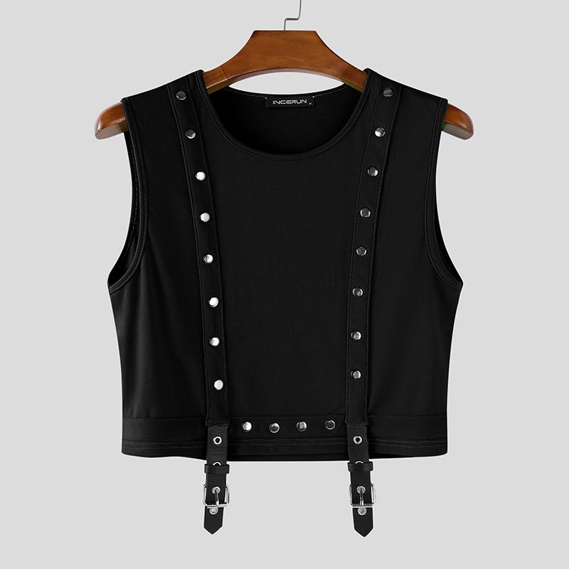 INCERUN Men O Neck Sleeveless Metal Button Patchwork Cropped Tank Tops