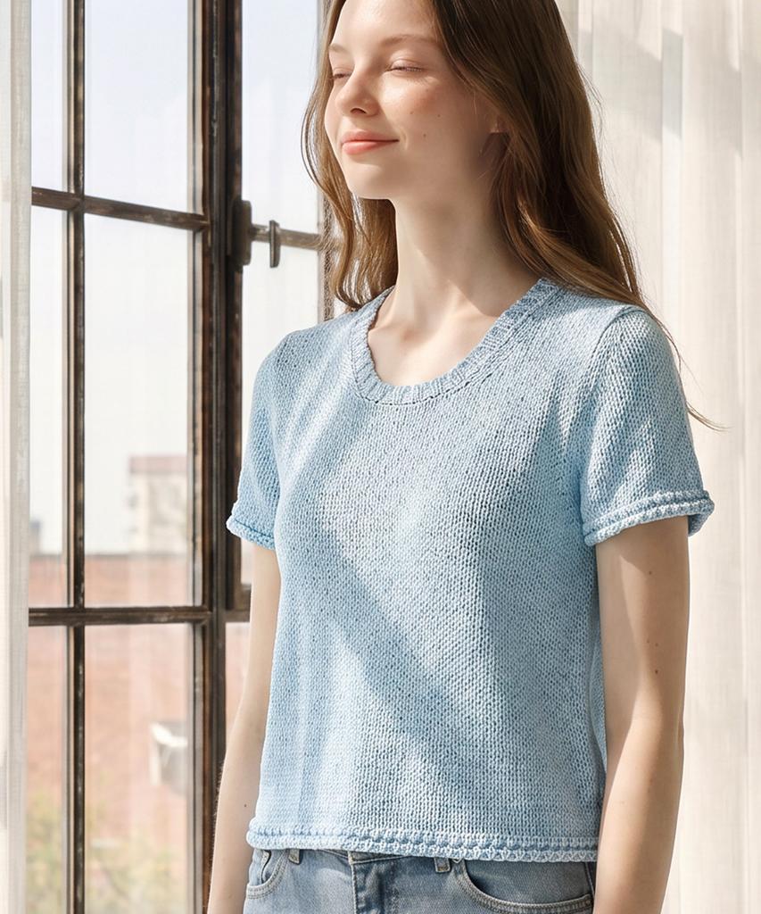 Seuneogeuyu Signature Cotton Chunky Scoop Neck Knit Top_Sky Blue