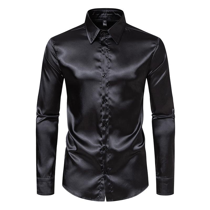 Cămașă casual pentru bărbați, culoare uni, rever multicolor lucios, cămașă cu mâneci lungi mărime europeană
