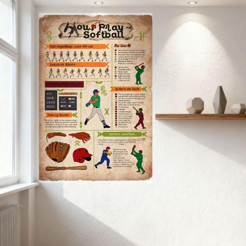 Vintage How to Play Softball Infographic Metal Tin Sign, Aged Look Softball Rules & Gameplay Guide Wall Decor for Man Cave Cafe
