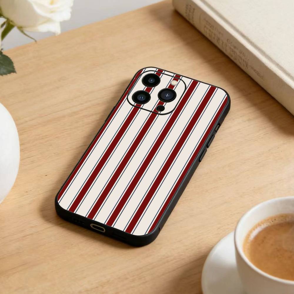 Burgundy White Stripe  Phone Case For iPhone17,16,15,14,13,12 Plus,Max Soft Silicone Black Cover