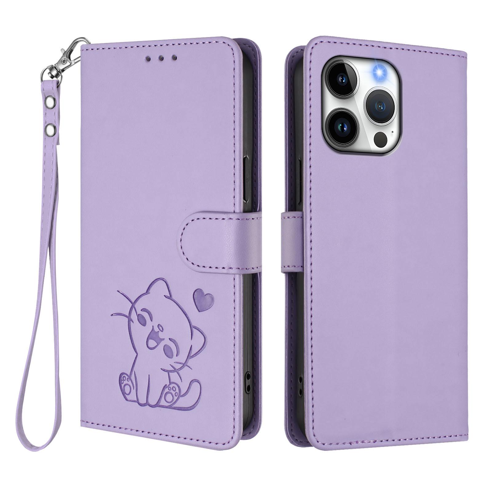 For iPhone 16 Pro Max Wallet Case with Wrist Strap Love Cat Pattern Imprint Leather Phone Cover H