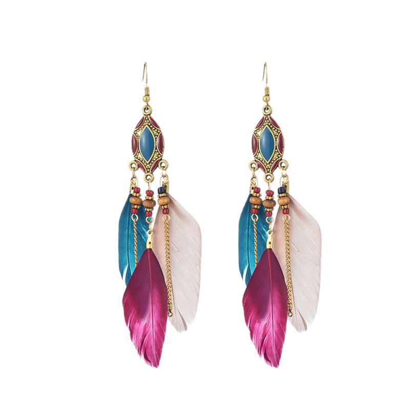 Bohemian Tassel Feather Earrings - Retro Beaded Yunnan Ethnic Style Jewelry